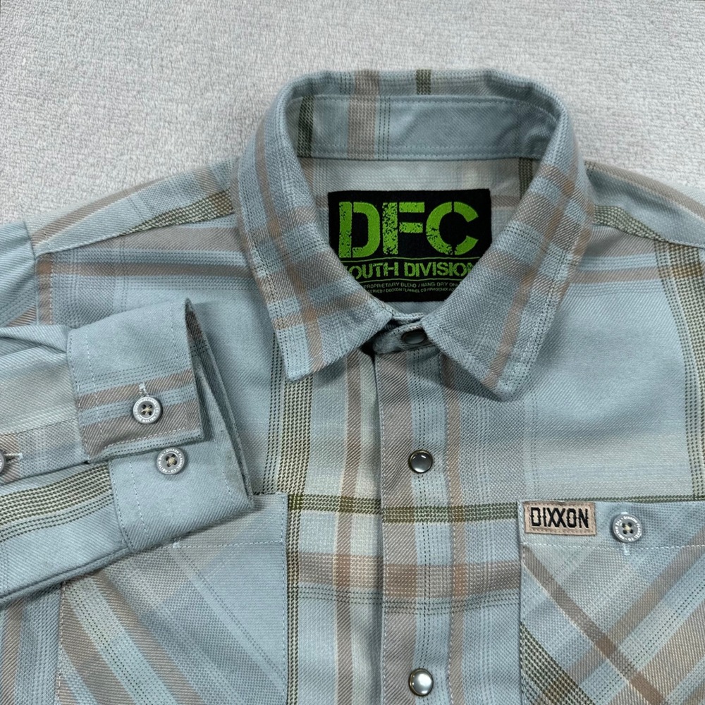 Dixxon Flannel Co Shirt Youth Medium Blue Tan Plaid DFC D-Tech Snap Button Down